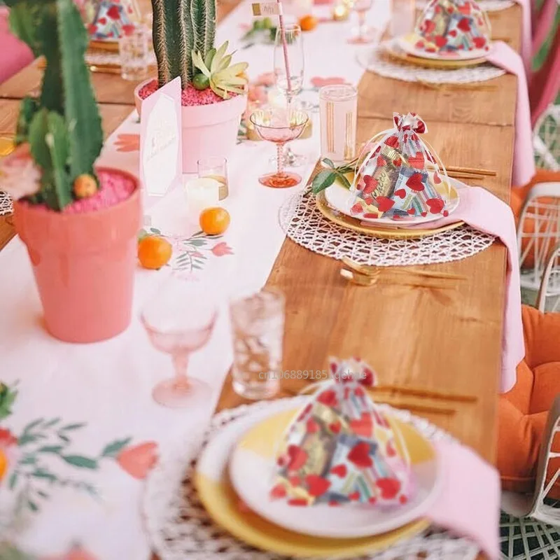 100-20pcs Red Love Heart Organza Drawstring Bag Gift Candy Bag Wedding Valentines Day Birthday Party Decor Packaging Supplies