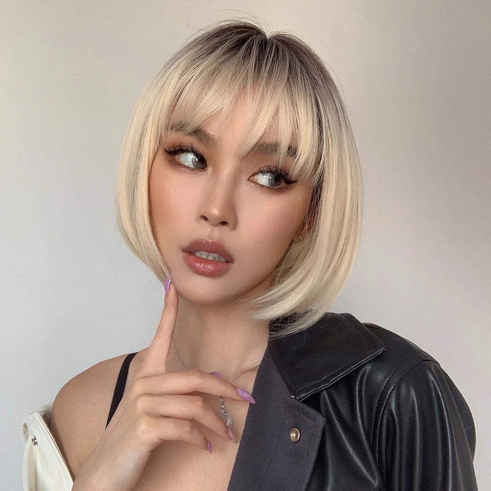 Platinum Sarı Ombre Sentetik Bob Peruklar Patlamalı Kısa Düz Doğal Saç Peruk Kadınlar İçin Günlük Parti Isıya Dayanıklı Fiber_voghion.com