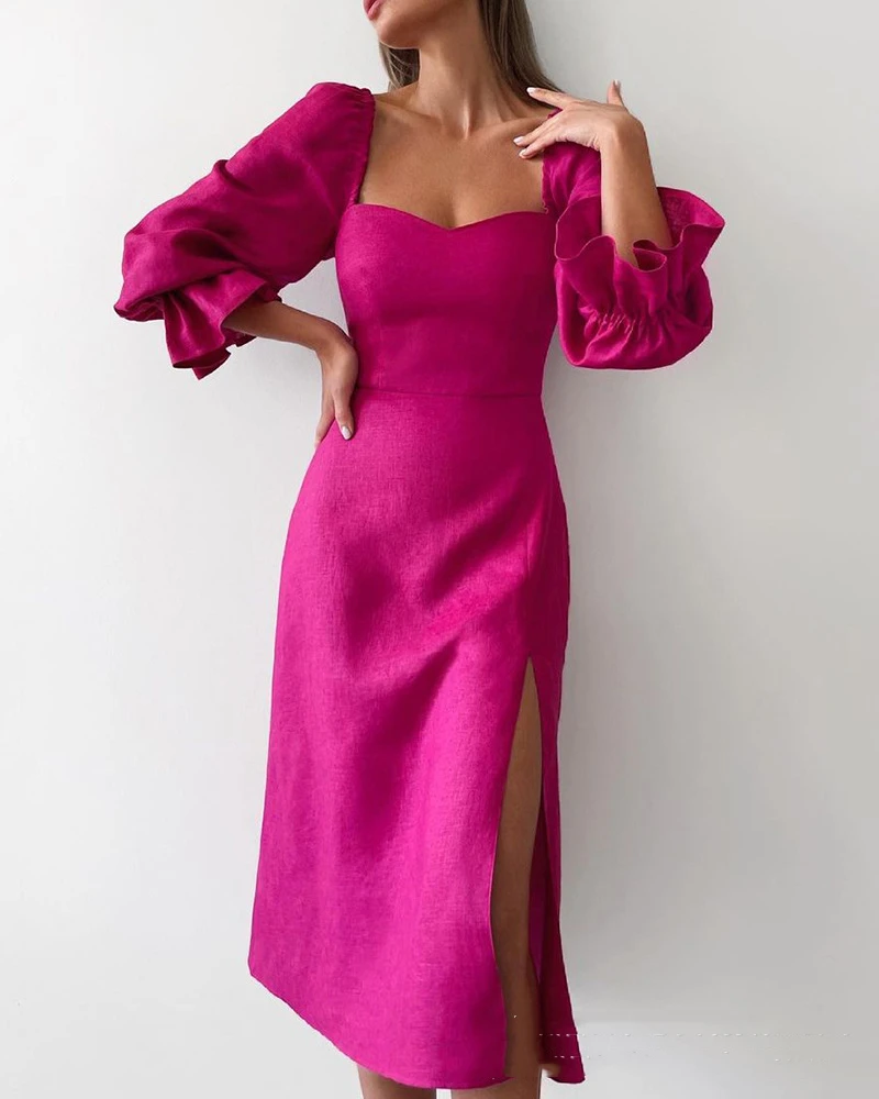 

Red French Rose Red Bubble Sleeve Mid Length Slit Autumn Dress