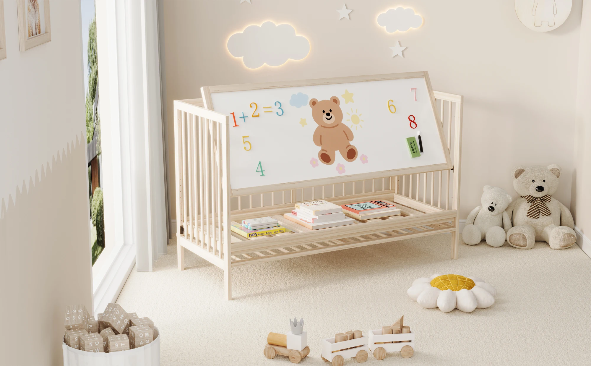 140x60x90cm Wooden Baby Cot, Convertible Into An Extra Bed / Painting Board Rack / Desk, Height Adjustable, No Mattress, Spruce Sfa41a91b5f6a45b3a0dbc3a5ea27c679x