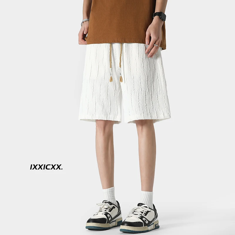 Men Solid Embossed Korean Style Shorts Elastic Waist Casual Pants Comfortable Breathable Quick Dry Sweatpants