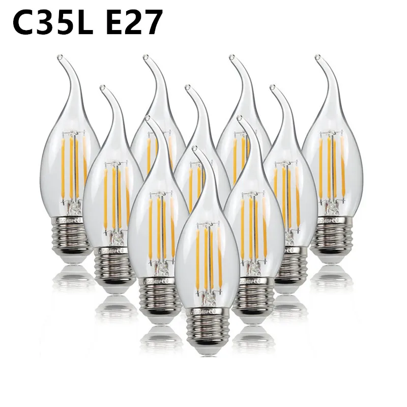 10개 LED 전구 필라멘트 캔들 램프 C35 E14 E12 E27 4W 6W 8W 110V 220V 디밍 가능 에디슨 레트로 앤티크 빈티지 스타일 샹들리에