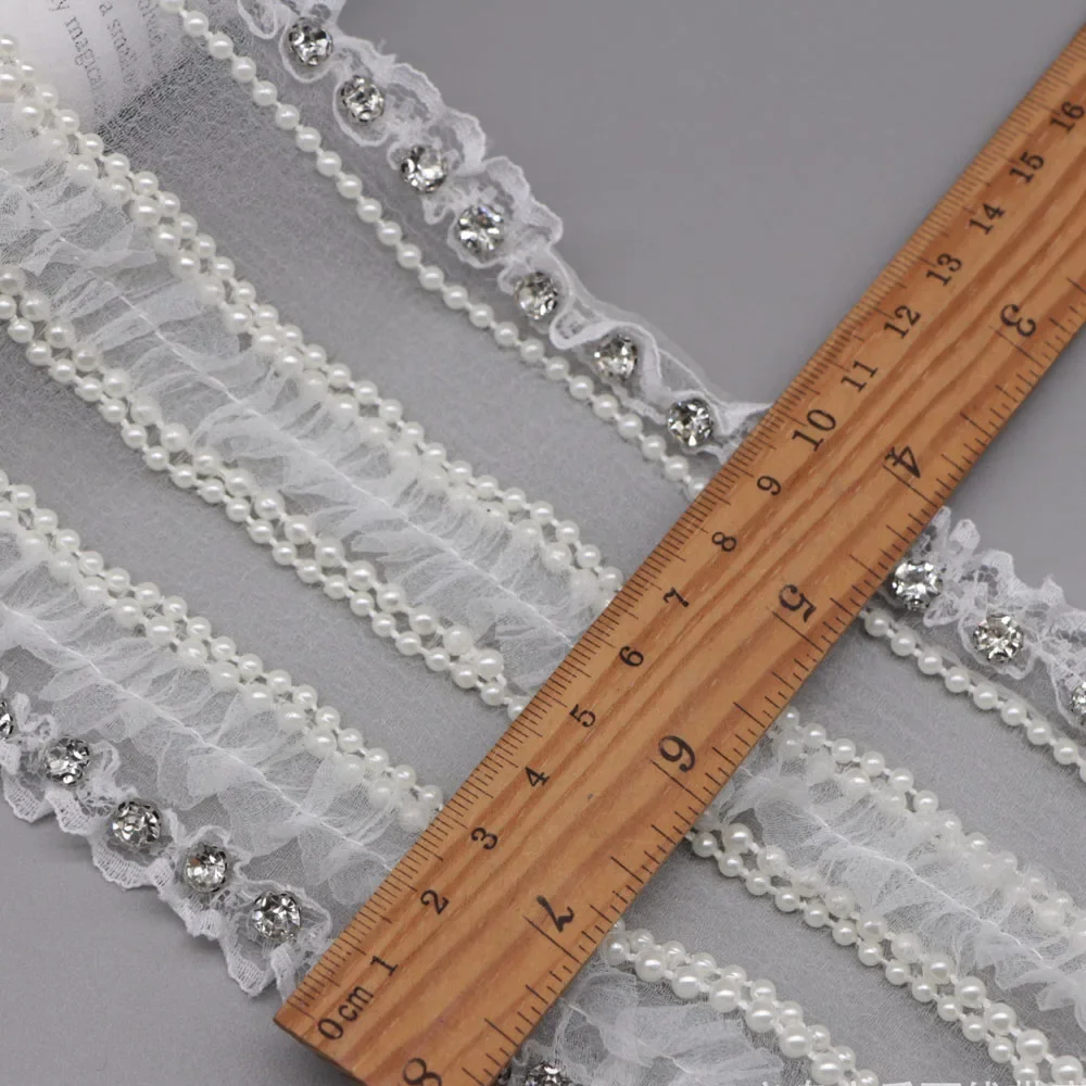 15cm*1yard Rhinestone pearls beaded lace trim for clothes bags Handmade beading appliques patch diy sewing accessories Ribbons