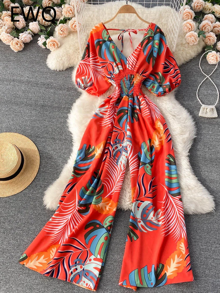 EWQ Sweet Style Women Jumpsuits Print Vneck Short Sleeve Strapless Bandage High Waist Jumpsuit