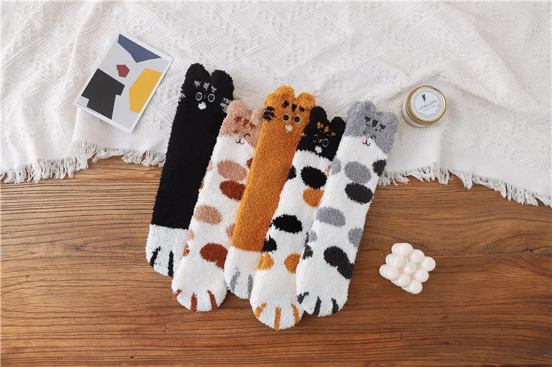 2 Paar Kawaii Cartoon Flauschige Socken Damen Katzenpfoten-Muster 3D-Socken Super Dicke Weiche Gemütliche Fleece-Socken für den Winter – Detail 1