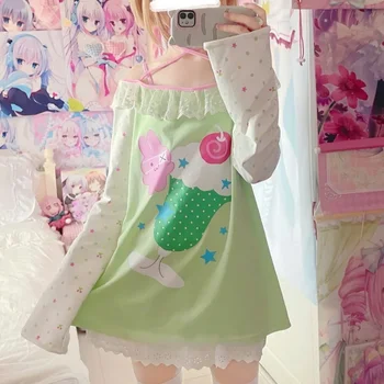 Sweet Kawaii Cartoon Print Women T-shirt Loose Casual E-girl Contrast Color Cute Graphic Tee Japanese Y2k Aesthetic Tshirts Tops 1