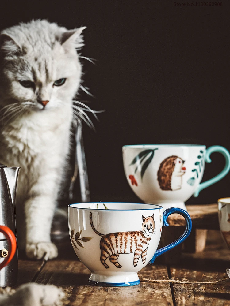 Hand Painted Porcelain Cat Fox Bird Hedgehog Deer Mugs Microwave