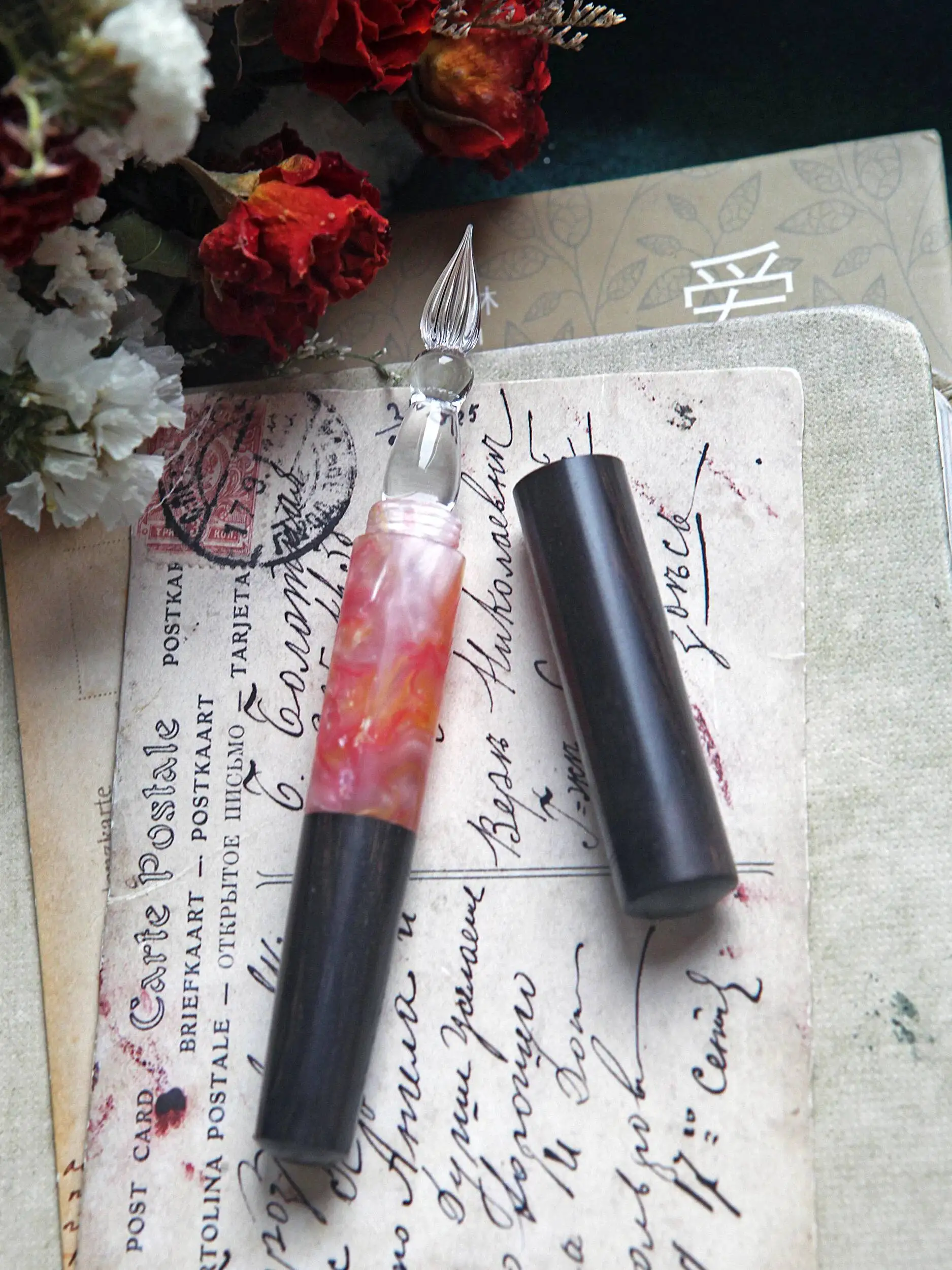 핑크 레진 글래스 딥펜이 포함된 로즈우드 [e-bony Sakura]