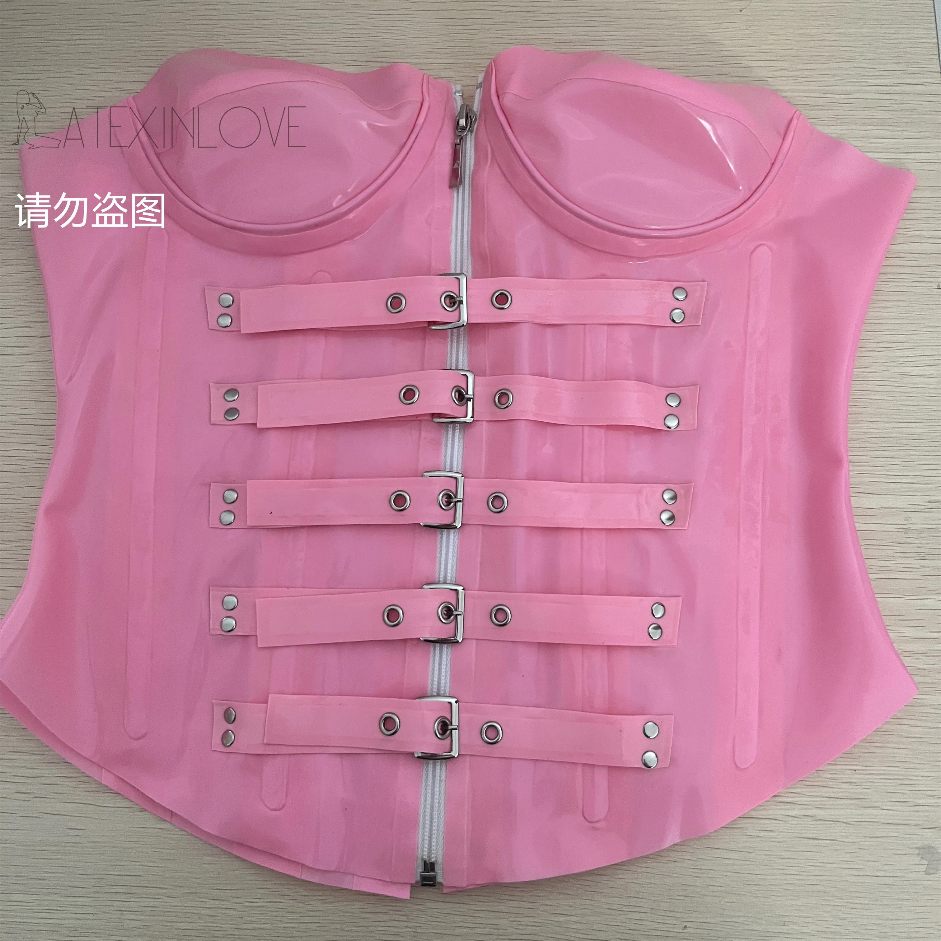 SexyPinkLatexCorsetShaperRubberWaistTrainerOverbustwithBuckle