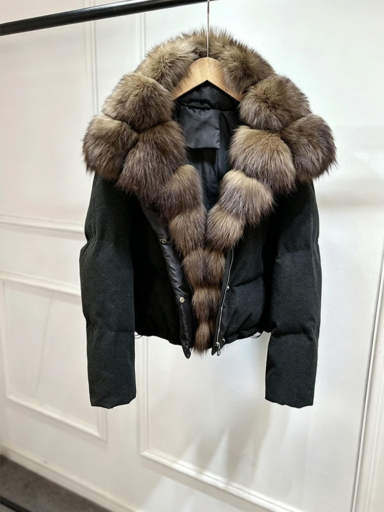 Janveny Luxury Winter 90% White Duck Down Wool Blends Jacket Women 2025 New Real Natural Fox Fur Thick Warm Puffer Down Coat