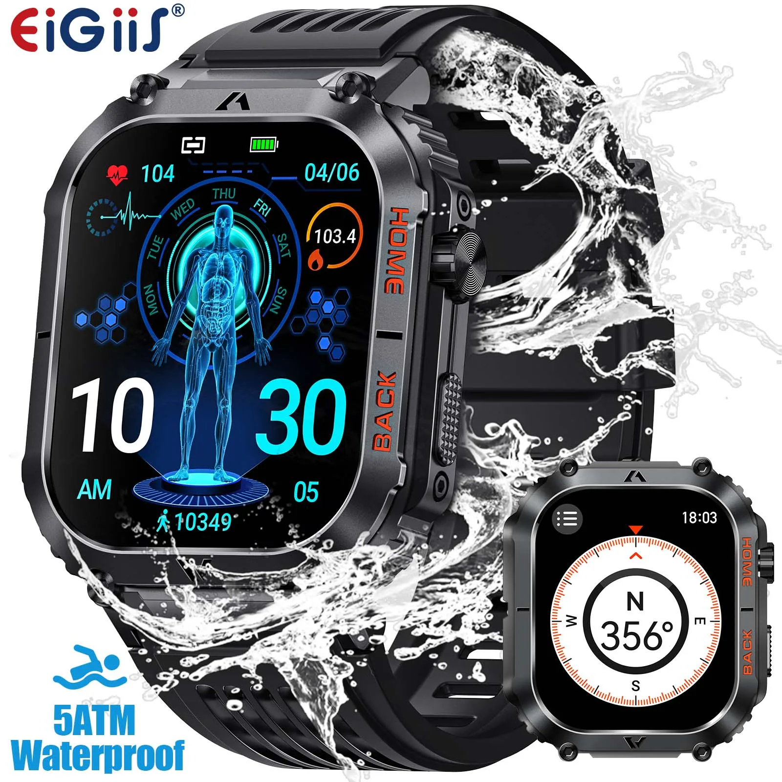 

EIGIIS Men Watch 5ATM Waterproof Heart Rate Blood Pressure Oximetry Monitor 2.02'' TFT HD With Compass 100+ Sports Mode EW5