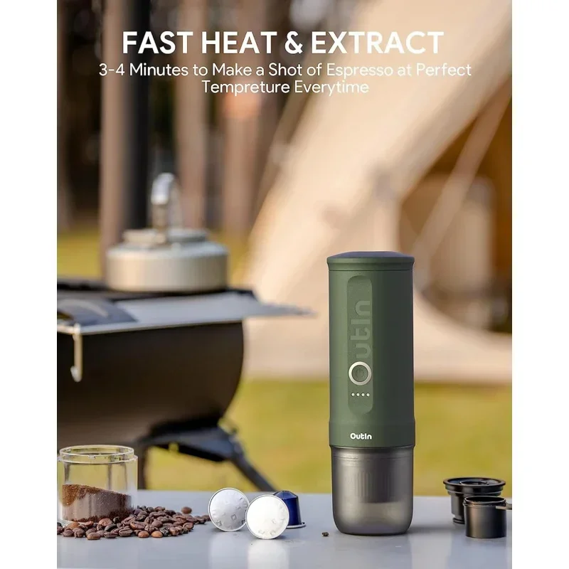 Qwoutin Nano portable electric espresso machine, self-heating, car charger, 20 bar mini coffee maker, with ground coffee; NS cap 3