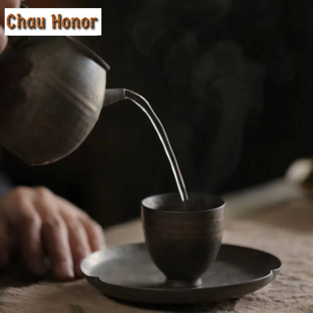 2pc/set Handmade Iron Guft Glazed Tea Cup Retro Thin Body Personal Cup Pu'er Master Tea Bowl Coarse Pottery Kung Fu Tea Set Gift