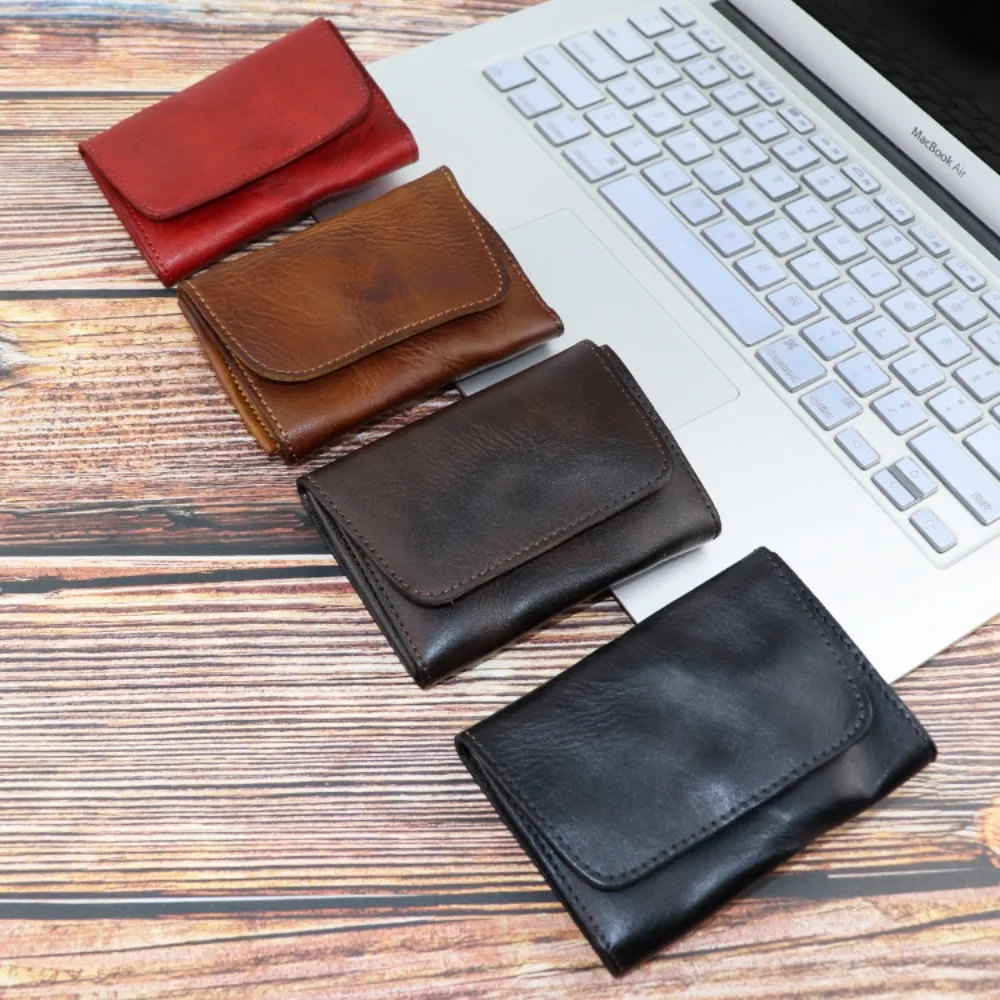 Vintage Genuine Cowhide Leather Compact Wallet - Handmade Unisex Card Holder & Coin Purse