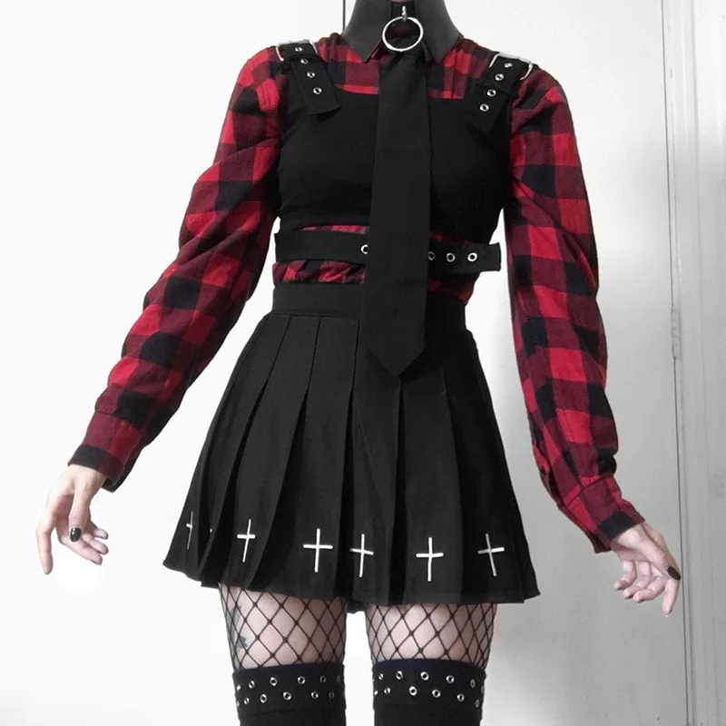 Punk negra para mujer, ropa de calle de cintura alta, Harajuku, Rock, Falda disfraz gótico - AliExpress