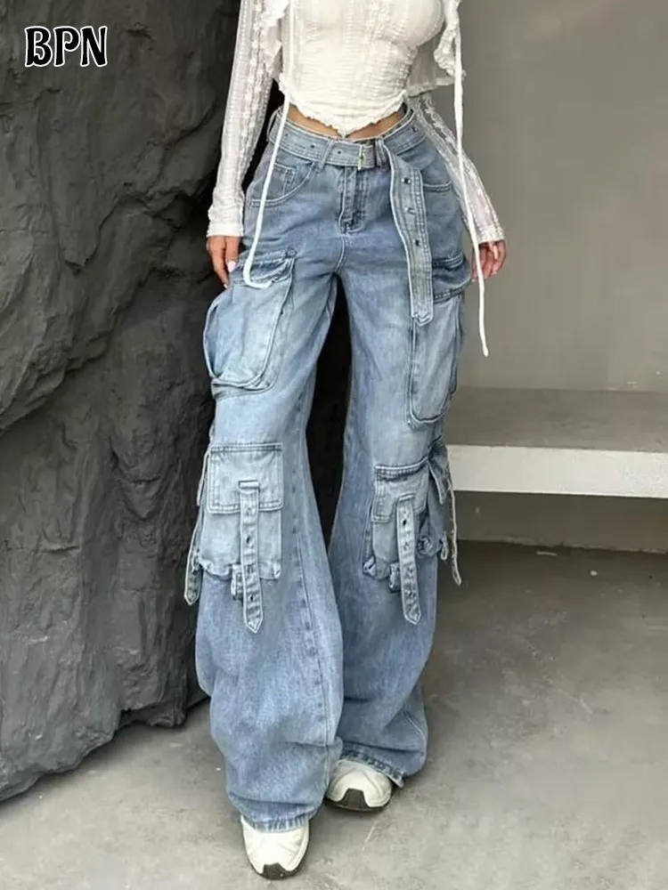 

BPN Fashion Patchwork Pockets Cargo Jeans For Women High Waist Spliced Belt Casual Loose Denim Pants Female Autumn Style Clothes