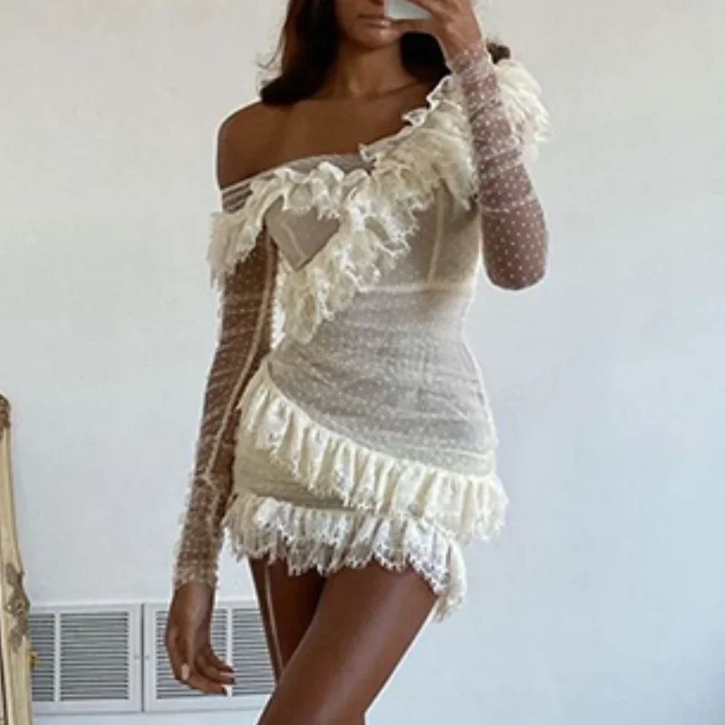 

Ruffles Sexy Deer Lady Long Sleeve Off Shoulder Dress Summer White Lace Dress Bodycon Celebrity Night Club Party Polka Dot Dress