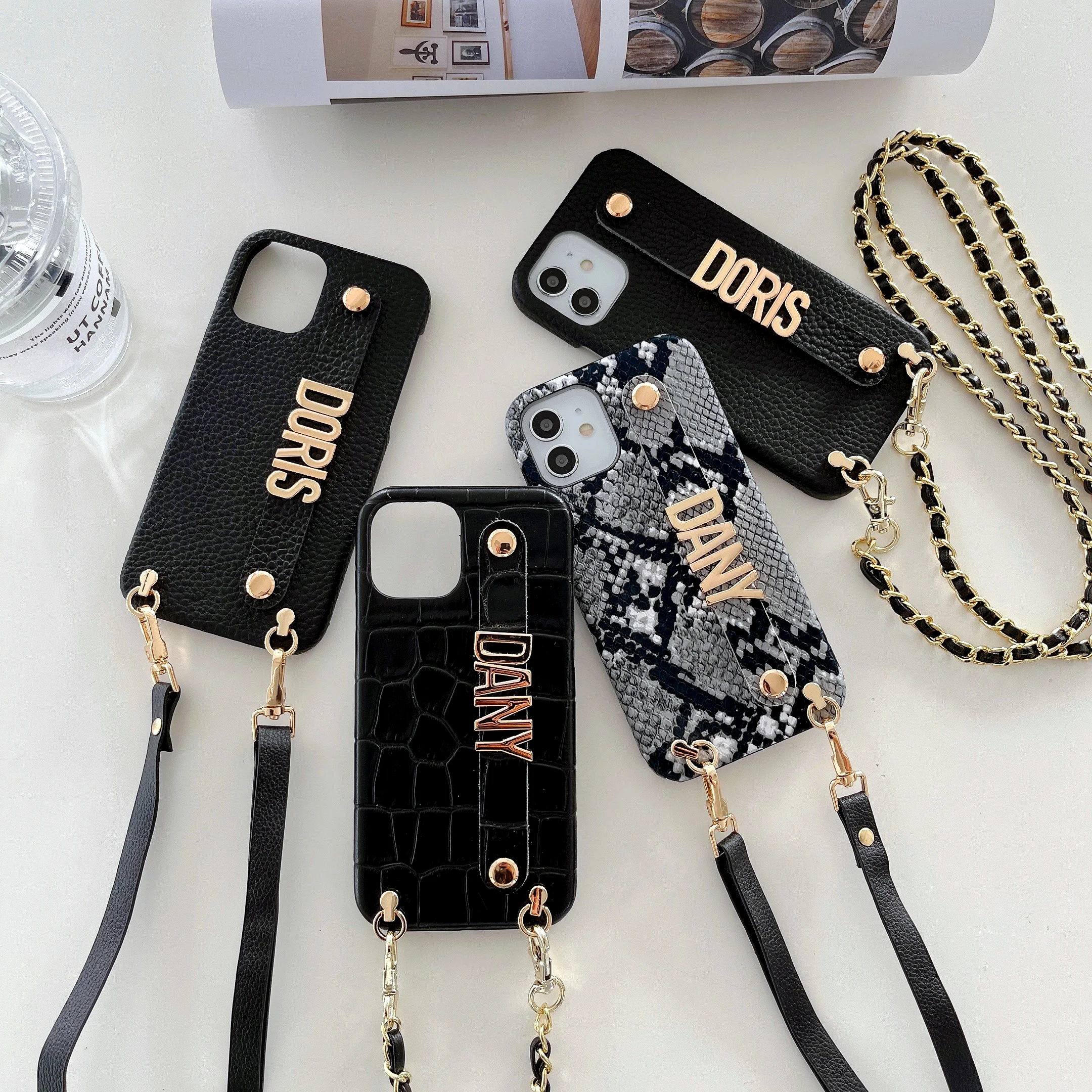 Genuine Leather Phone Case with Crossbody Strap DIY Phone Cover Customized Your Name iPhone 15 14 14Pro Max 14Plus 13Pro 12 11