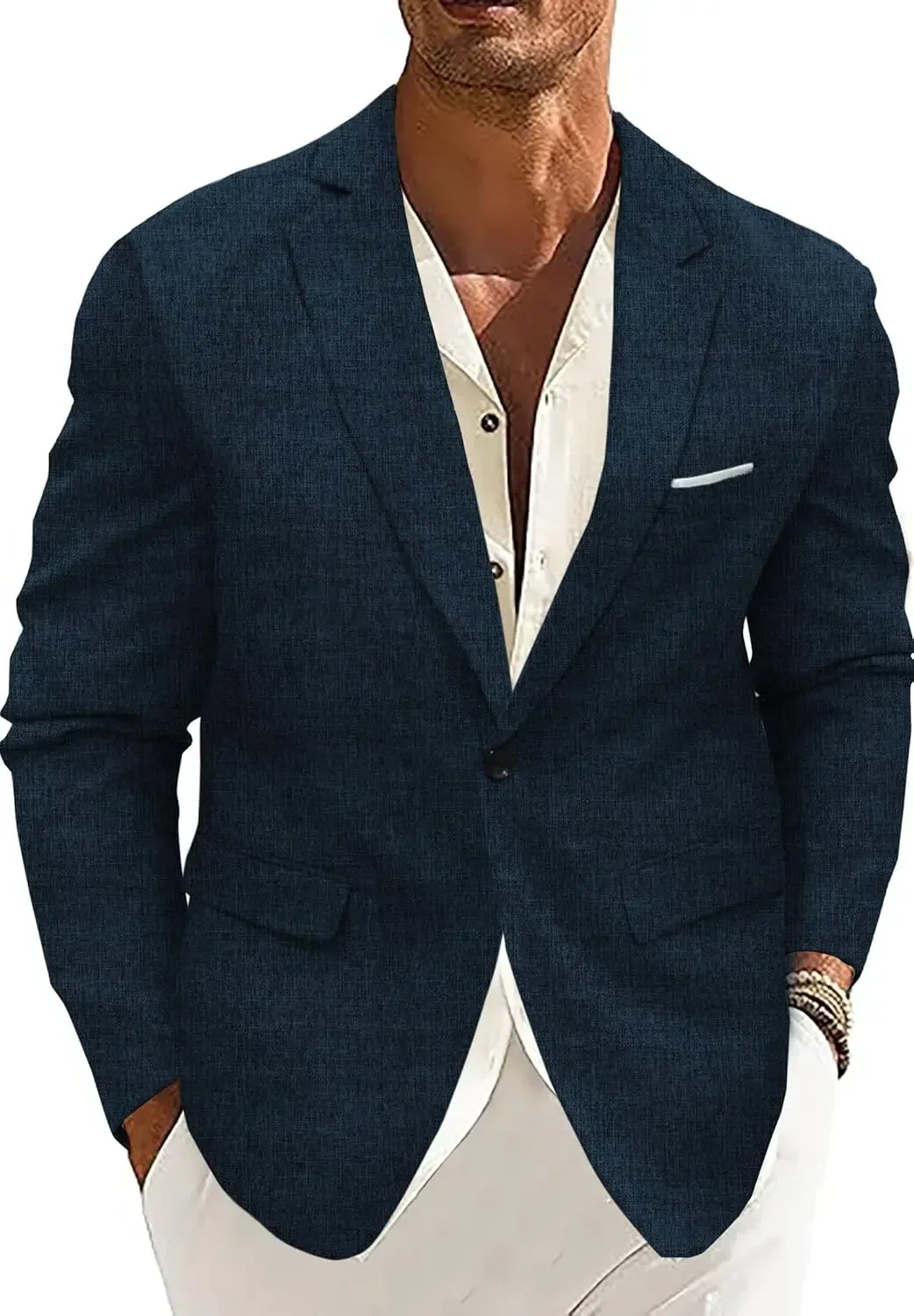 thumbnail image 1 of Trajes casuales para hombre, chaqueta deportiva de lino, chaqueta individual, solapa con muescas, traje masculino para verano, playa, vestidos de boda, fiesta, disfraces de lino, 1 of 5