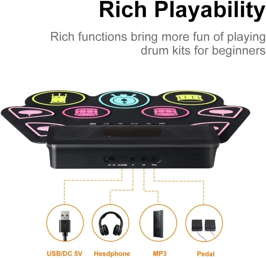 Digital Drum Set Silicone Portable Roll Up Electronic Drum Kit 9 Thickened Pad Built-in Speakers fo Beginner Kids Adult Practice
