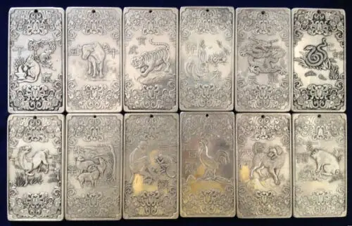 

Chinese "Chinese Twelve Zodiac" tibet Silver Bullion thanka amulet full Zodiac