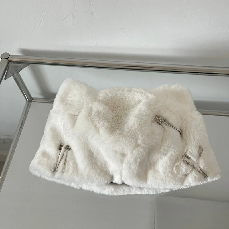 New Winter Imitation Rabbit Fur Trend Personality Pin Decorative Pullover Hat Women's Plush Warm Ear Protector Cloud Beanie Cap 6
