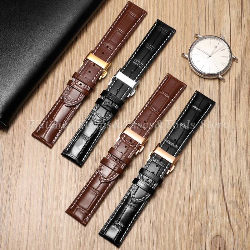 Premium Cowhide Leather Watch Strap with Butterfly Double Push Buckle – Multiple Widths Available