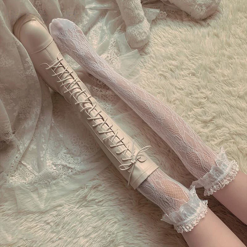 1 Pair Lolita Lace Stockings Women White Black Thigh Transparent Heart Over Knee Socks Female Jk Long Stocking Pantyhose