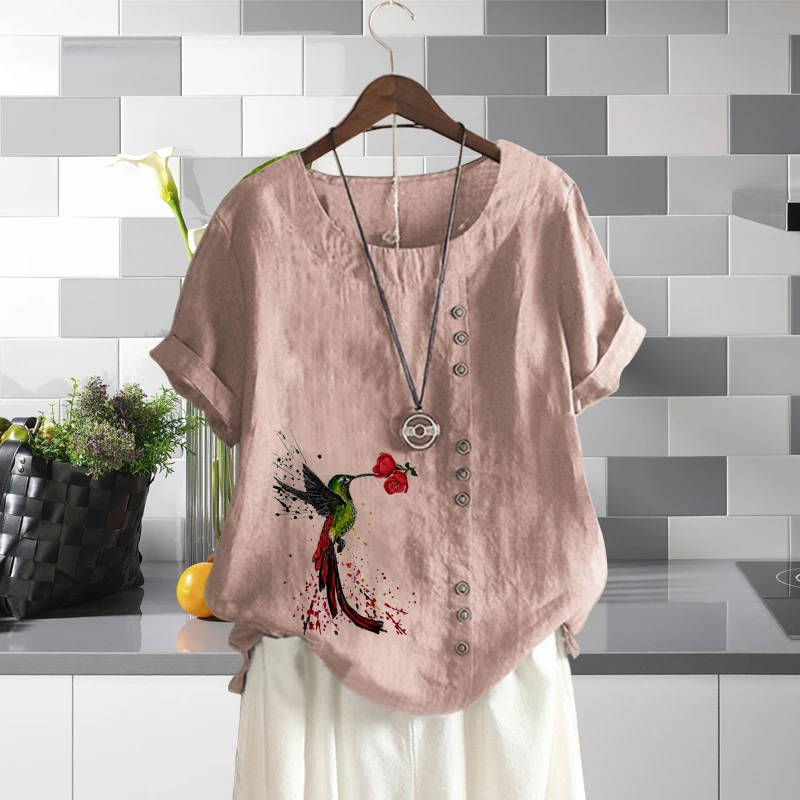 

Bird Pattern Solid Color T Shirt Plus Size Pullover Lady's Botanical Print Short Sleeve Casual Round Neck Shirt for Women