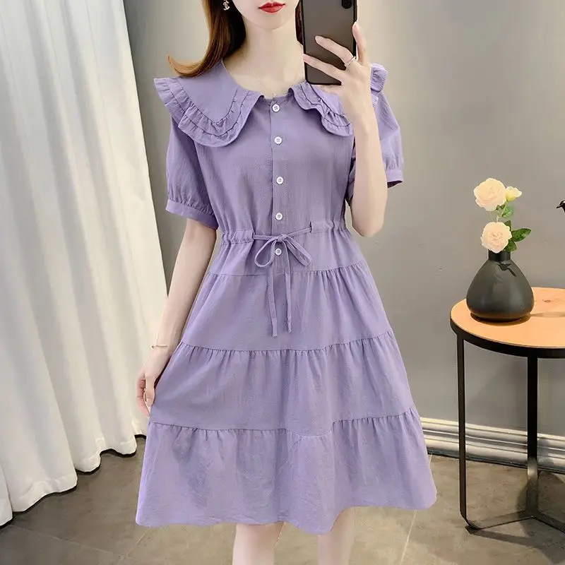 

Sweet Peter Pan Collar Shirring Bandage Princess Dress Female Clothing 2024 Summer New Loose Solid Color Short Sleeve Dresses