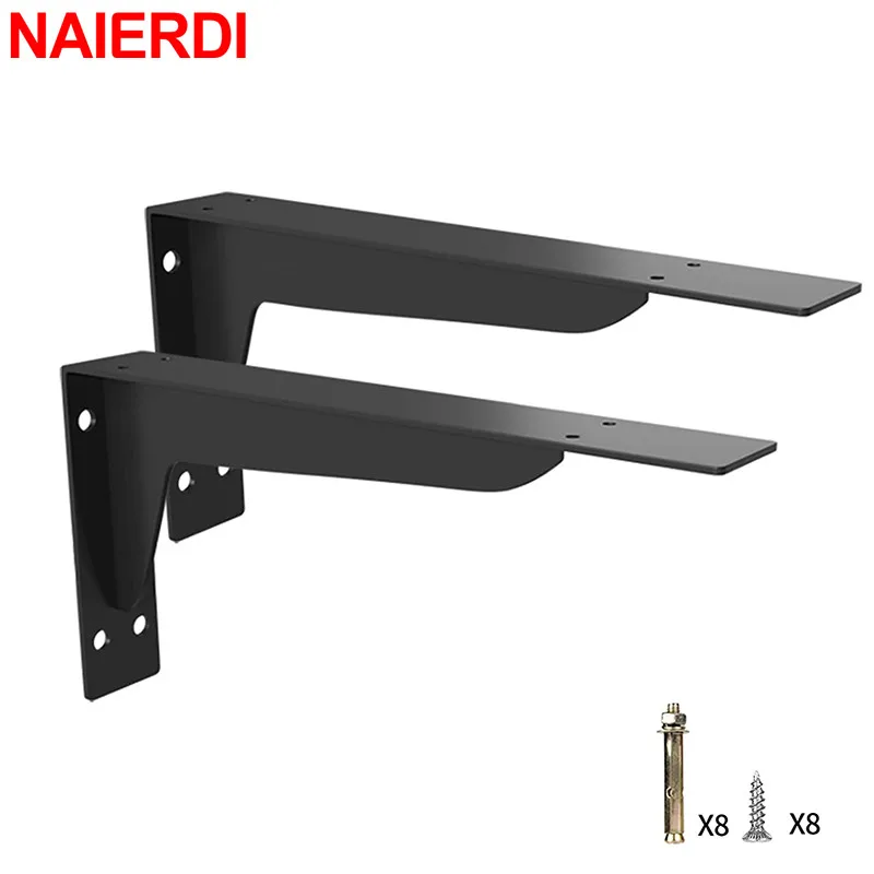 NAIERDI 2 Pieces Heavy Support L Brackets Black Wall Shelf Floating 8-18 Inch Triangle Bracket Wall Mounted Bench Table Hardware