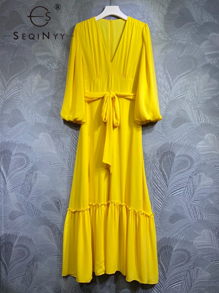 

SEQINYY Elegant Midi Dress Yellow Lantern Sleeve High Street Summer Spring New Fashion Design Women Runway Draped Belt Holiday