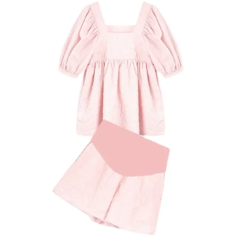 Pregnant Woman Clothes Set Solid Color Puff Sleeve Square Collar Shirts Belly Shorts Twinset Maternity Fashion Loose Suit
