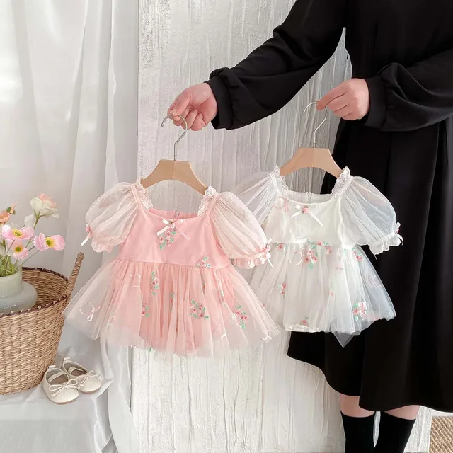 Girl Baby Summer Sweet Puff Sleeve Short Sleeve Mesh dress, Baby Fashion Floral Bow Mesh Princess Dress, Perfect for Party and G 1