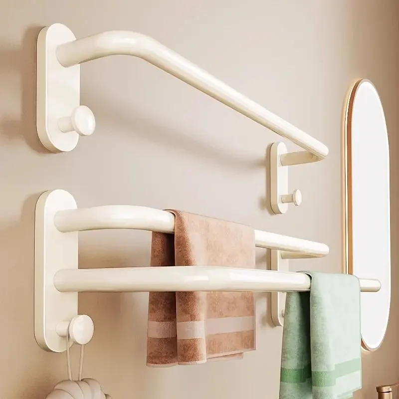 Cream Style Bathroom No Punch Towel Bar Bathroom Wall Mounted Towel Rack Bath Hanging Rack White Shelves