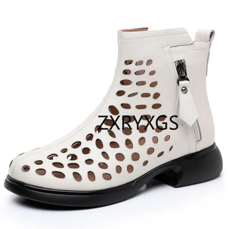 

ZXRYXGS Spring Summer Ankle Boots 2024 New Round Toe Hollow Hole Shoes Woman Genuine Leather Sandals Breathable Boot Large Size