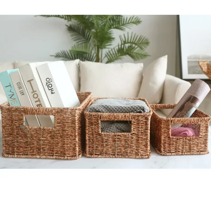 Hand-Woven Rectangular Rattan imitation Basket Fruit Tea Snack Bread Picnic Cosmetic Storage Box Kitchen Household Tools