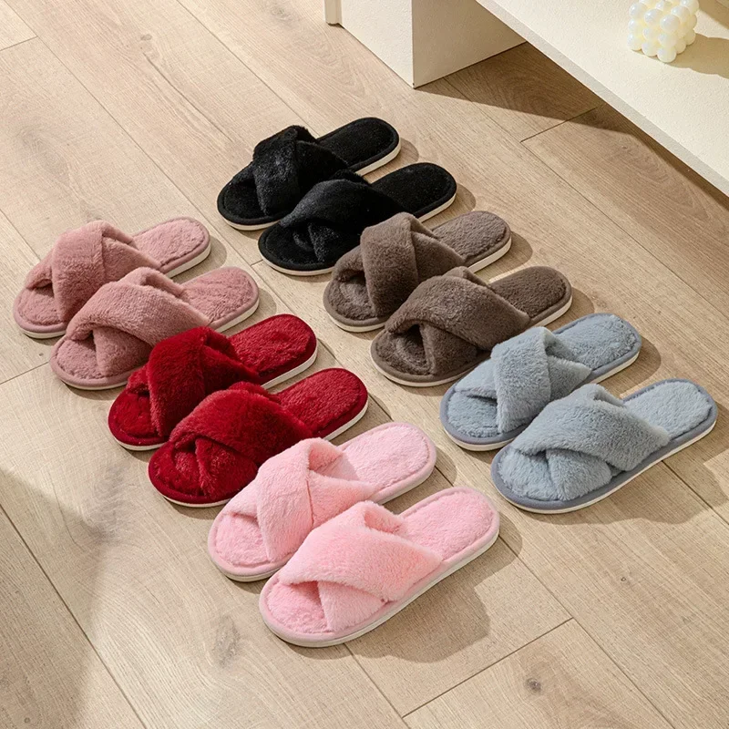 Winter Women Home Indoor Casual Fuzzy Slippers Female Flip Flops Fluffy Shoes Cross Slides Ladies Soft Plush Slippers 2024