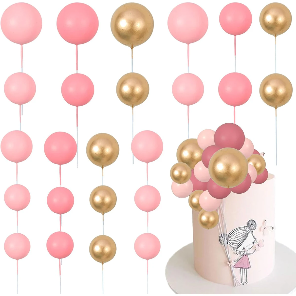 Topper per torta a palloncino, 66 mini palline di schiuma, decorazioni per cupcake, decorazioni rotonde per torte, decorazioni per cupcake, matrimoni, anniversari, feste di compleanno, baby shower