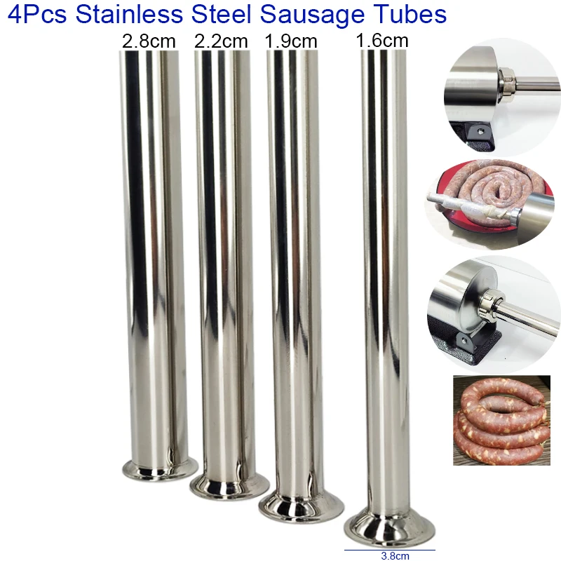 4Pcs Stainless Steel Sausage Stuffer Tube Meat Grinder 6lbs 8lbs Food Grade Filling Funnel Meat Sausage Tubes 1 .6/1.9/2.2/2.8cm