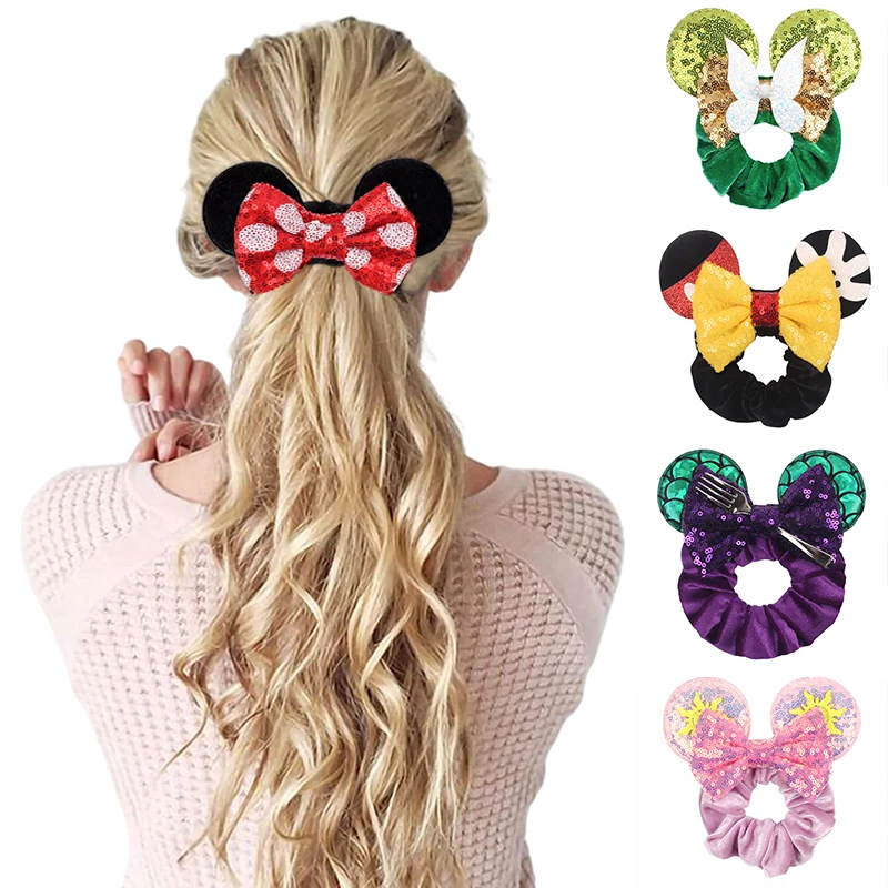 Cute Mouse Ears Velvet Scrunchies Hairband Women Elastic Ponytail Holder Girls Sequin Bow 2023 Kids Party DIY Hair Accessories