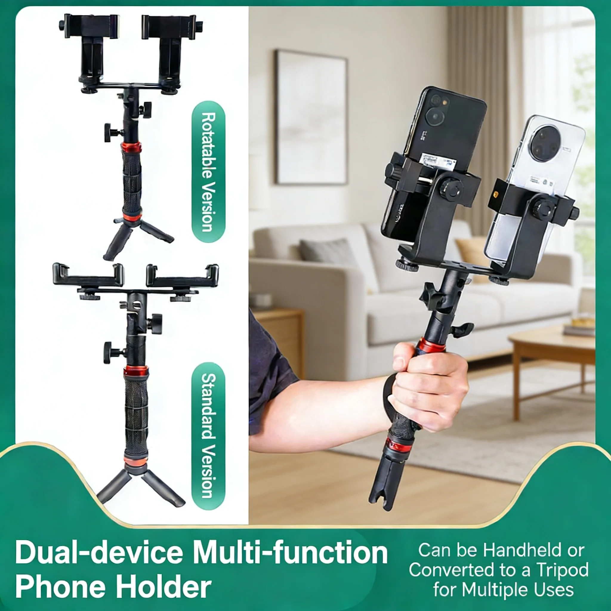 Supporto Treppiede Portatile per Due Telefoni, Regolabile a 360° ° Supporto Rotante per Streaming Live, Mini Treppiede da Tavolo per TikTok YouTube Vlog Selfie