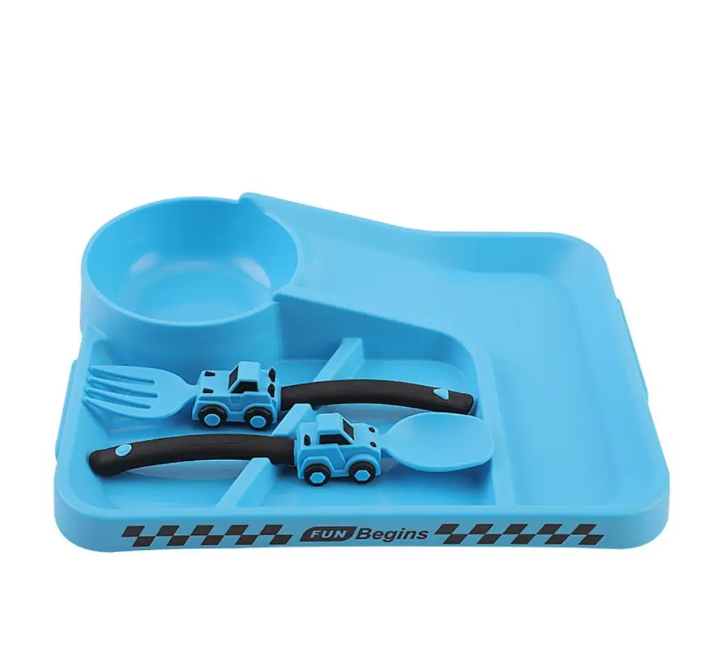 Children Cartoon Racing Dinner Plate Fork Spoon Set Baby Self-feeding Cutlery Set Food Supplement Divided Bowl Baby Non-slip stainless steel cutlery set silicone cutlery set fork spoon set baby cutlery