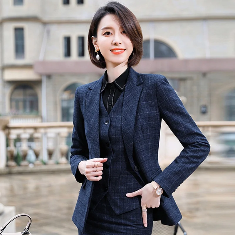 (Blazer+vest+pants or skirts) Women's suit 3-piece set, lattice women's suit set, office women set，Blazer set for women