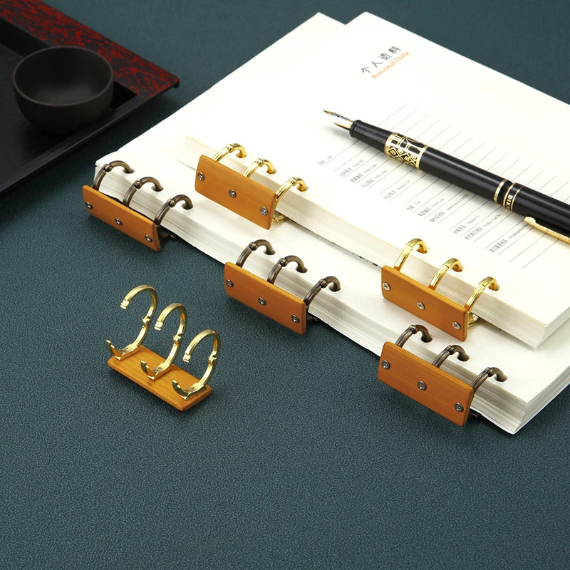 Metal 3 Rings Binder Clips with Bamboo Plates Loose Leaf Notebook Book Binder for Album Diary Data Book 2pcs