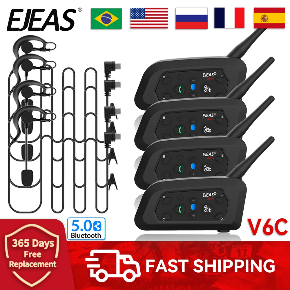 EJEAS-V6C 4 피스 반사 인터콤 헤드셋 오토바이 블루투스 5.0 헬멧 헤드셋 인터콤 방수, 인터커뮤니케이터 인터폰 통신