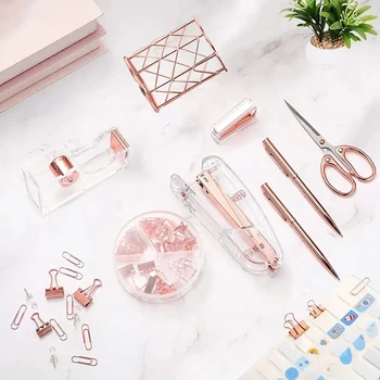 Complete Office Supplies Set -Acrylic Stapler Tape Holder Pen Holder Ballpoint Pens Scissors Binder Paper Clip Staples 6