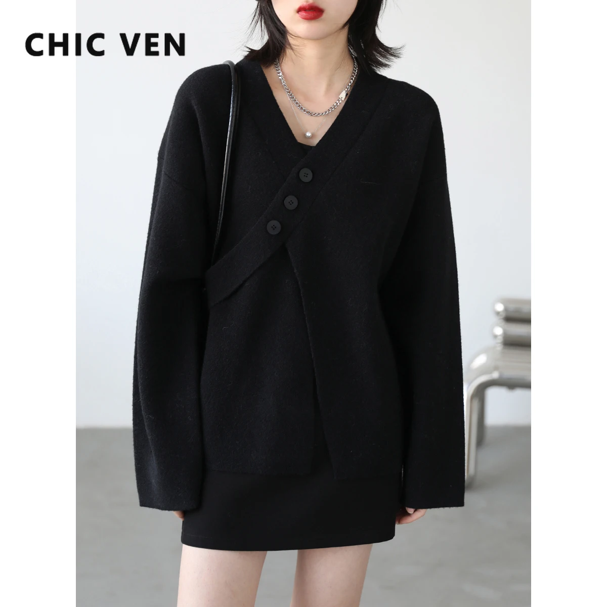 CHIC VEN 한국 여성 V넥 가디건, 루즈 솔리드 블랙 여성 니트 스웨터, 긴 소매 여성 상의, 봄 가을 2022
