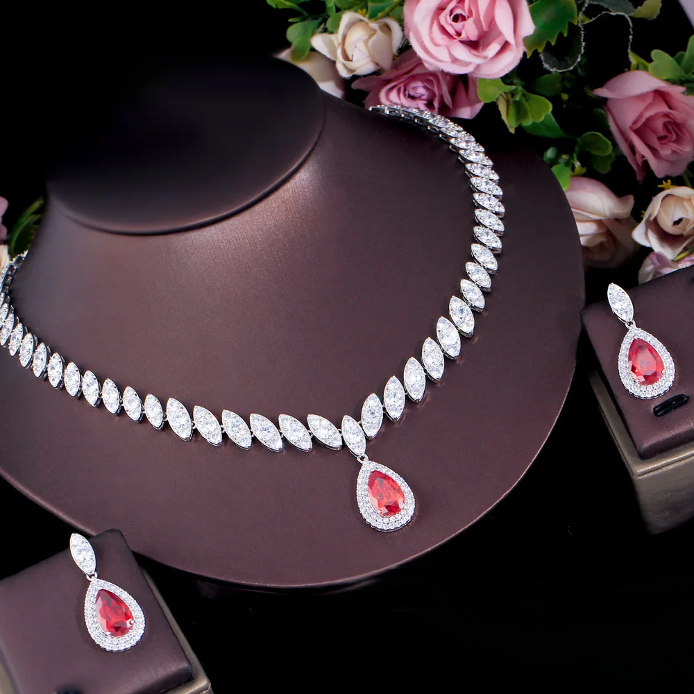 CWWZircons Water Drop Cubic Zirconia wedding necklace and earrings luxury CZ Crystal bridal jewelry sets for bridesmaids T109 bridal jewelry sets crystal jewelry sets