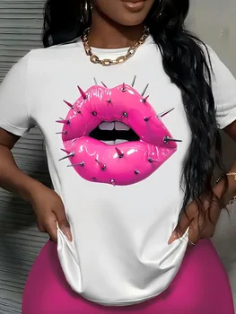 Women's Rock and Roll Steel Nail Lips Print T-Shirt Casual Crew Neck Short Sleeve Top for Summer T-Shirt Women Clothing 1